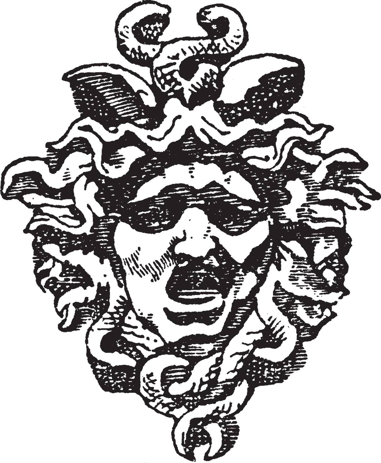 Tympanum Medusa Head is found in the arch of the entrance of the Royal Palace of Tuileries in Paris, vintage line drawing or engraving illustration.