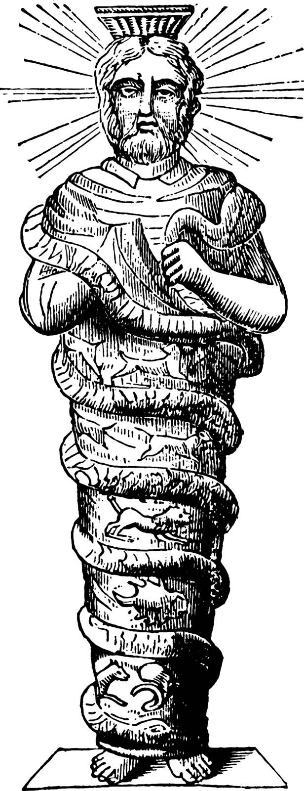 In this figure a person has killed up the hands from the snake's foundation, vintage line drawing or engraving illustration.
