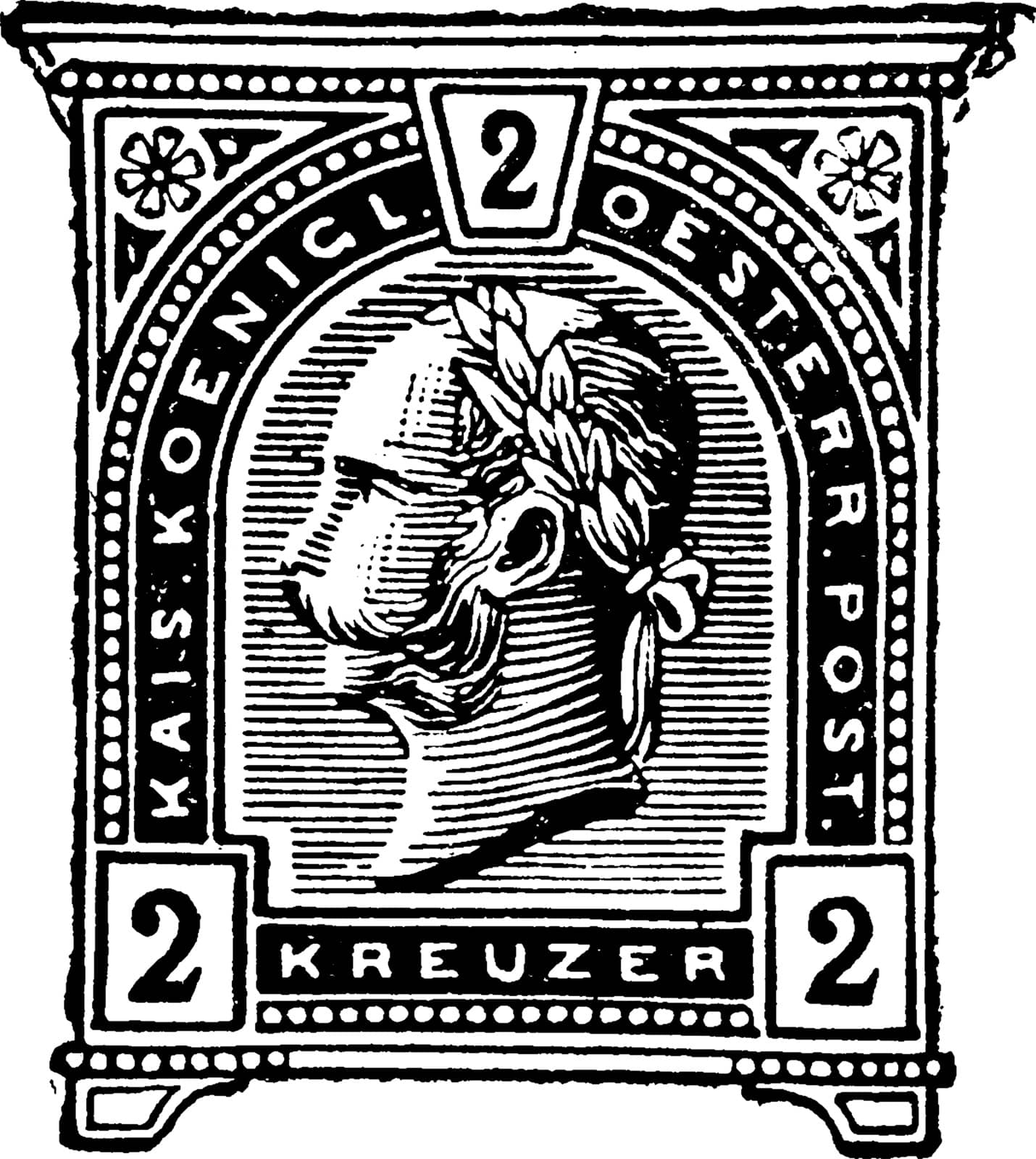 Austria 2 Kreuzer Wrapper in 1890 which were printed by the Austrian Bureau of Engraving, vintage line drawing or engraving illustration.