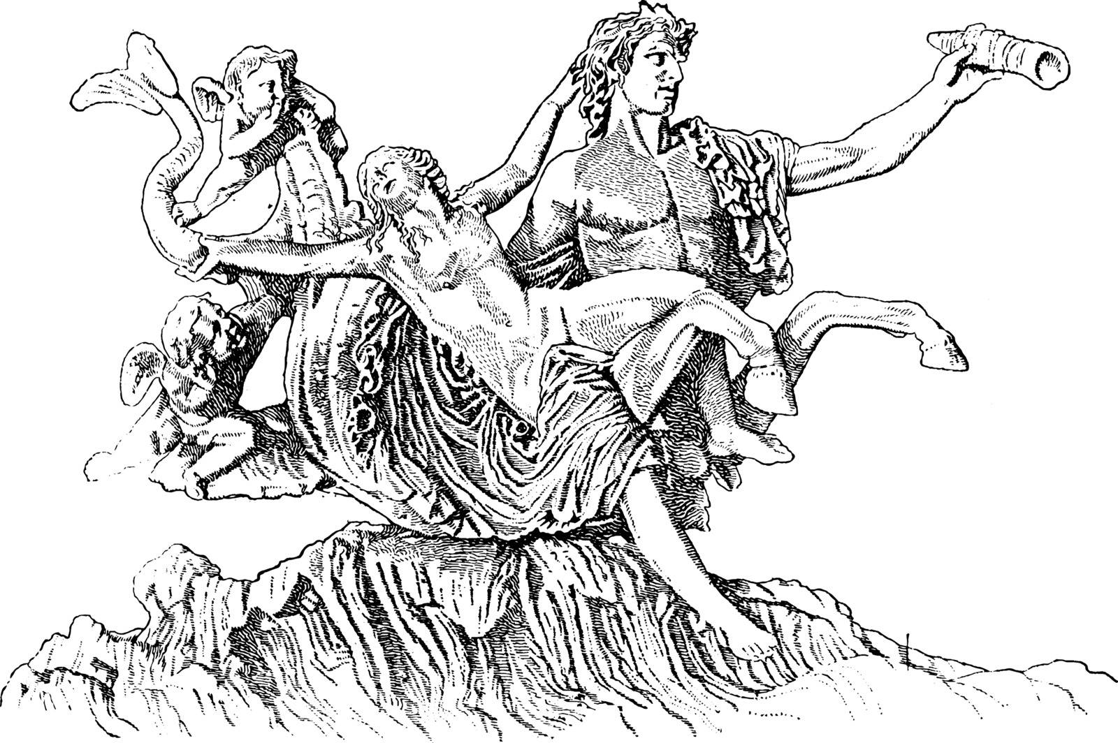 An ancient picture of Triton carrying off a Nymph. Triton was the son of Neptune and Amphitrite, and the poets made him the trumpeter of his father. Proteus was also a son of Neptune, vintage line drawing or engraving illustration.