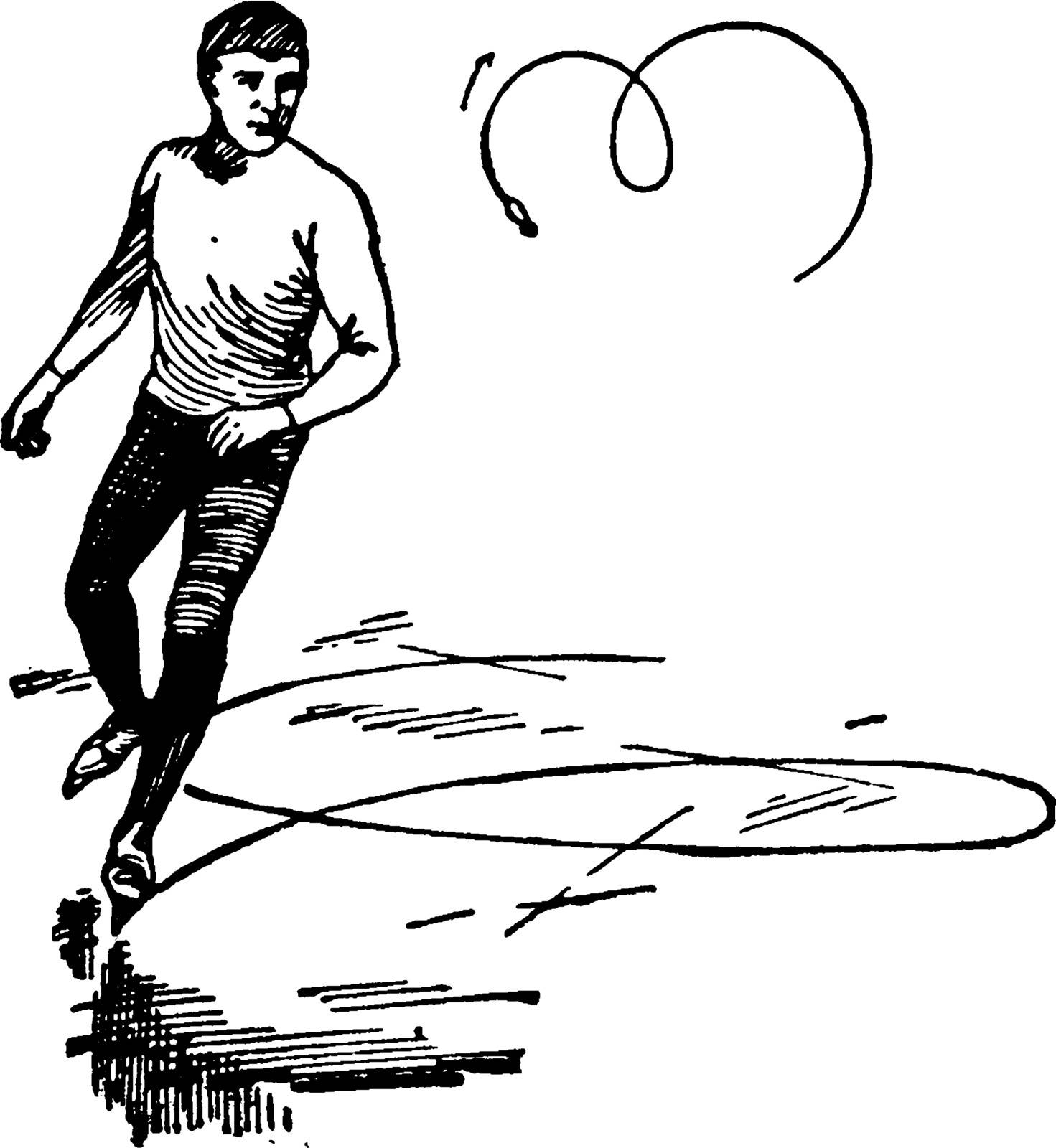 A boy making loop figure while skating, vintage line drawing or engraving illustration.