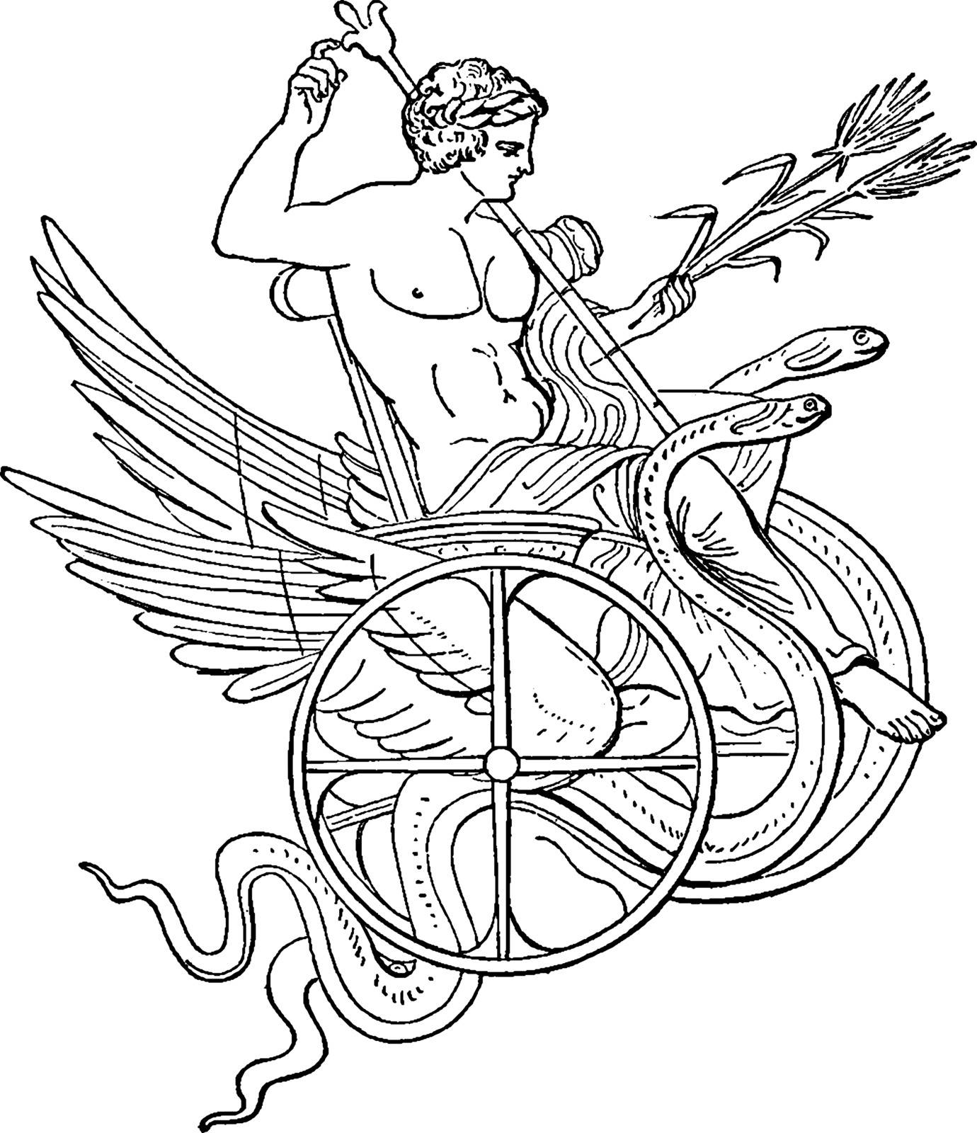 In this figure is the statue of a man, he is sitting on the chariot and has a grass in his hand and has a stick on the shoulder. And the wheels of his chariot are two snakes, vintage line drawing or engraving illustration.