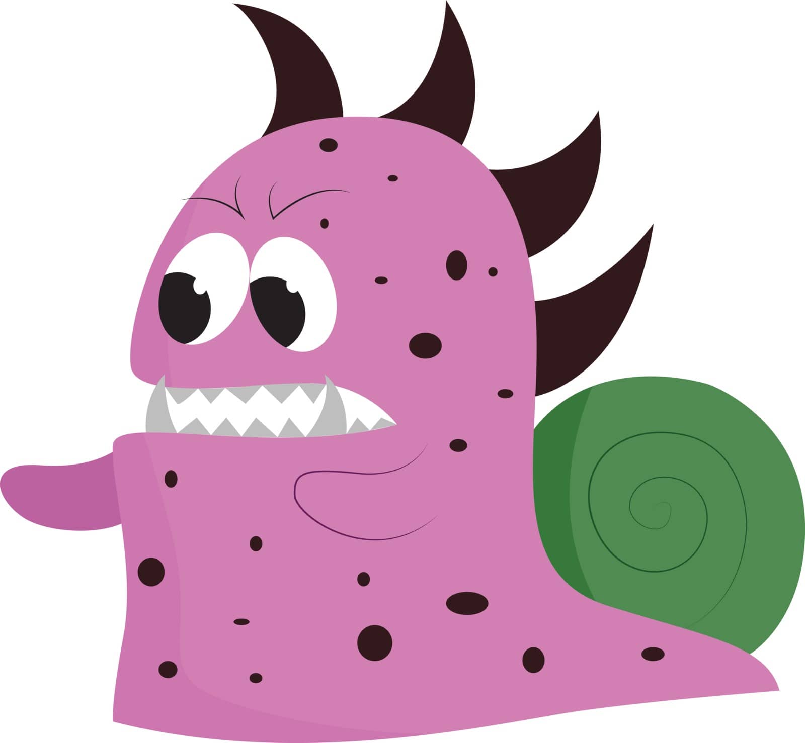 An angry purple snail like monster with sharp razor teeth and dorsal fins, vector, color drawing or illustration.