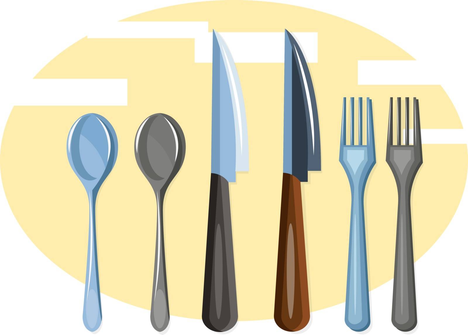 A Cutlery set with knifes spoons and forks vector color drawing or illustration.