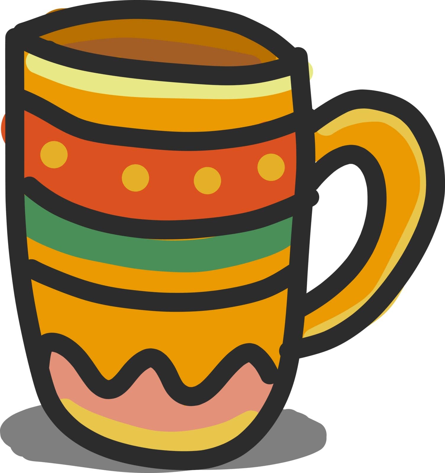 A colorful cup with an orange handle, vector, color drawing or illustration.