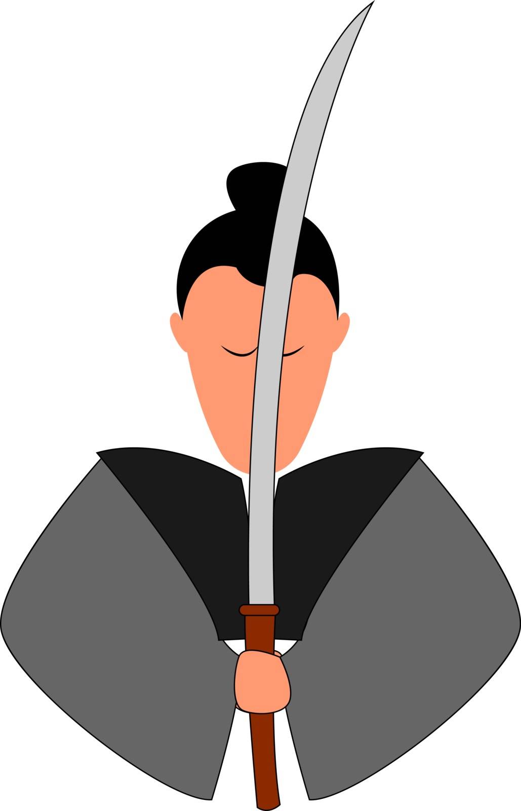 Samurai with katana, illustration, vector on white background.