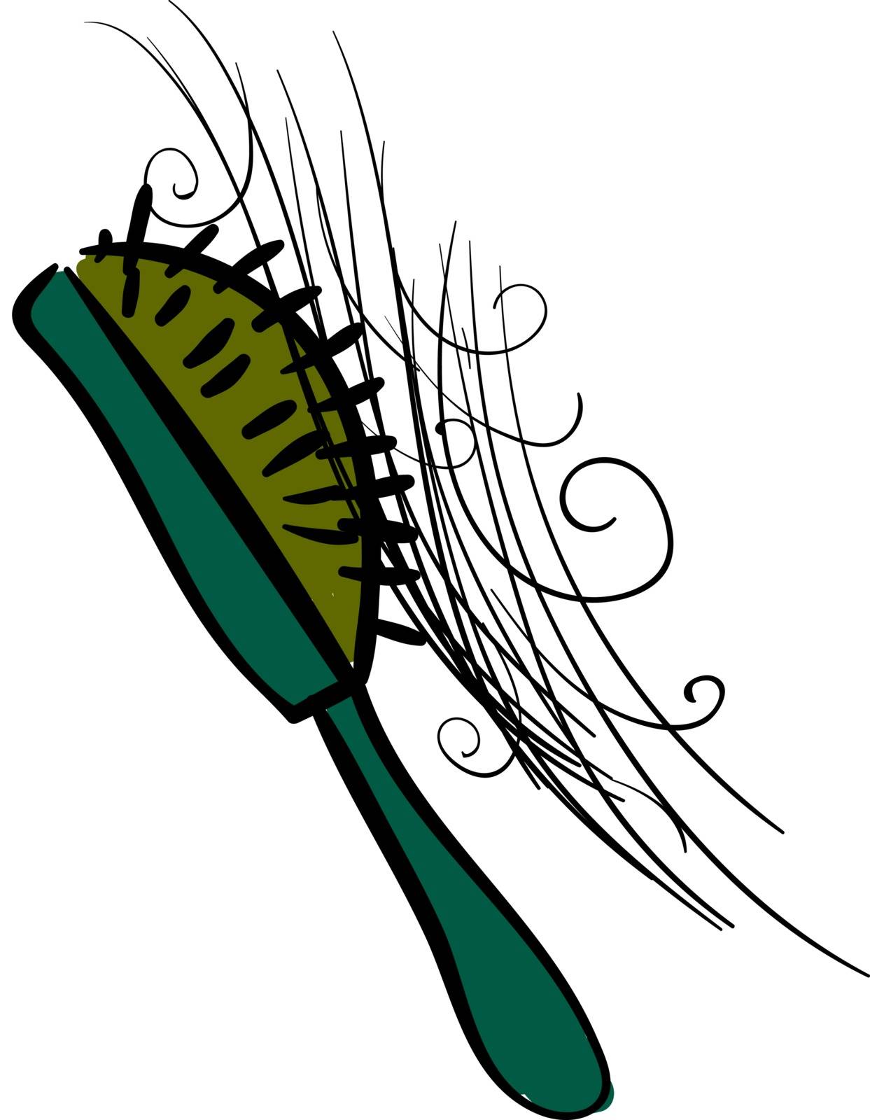 Green comb with hair, illustration, vector on white background.