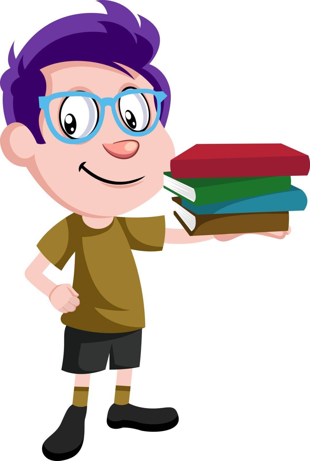 Boy holding books, illustration, vector on white background.