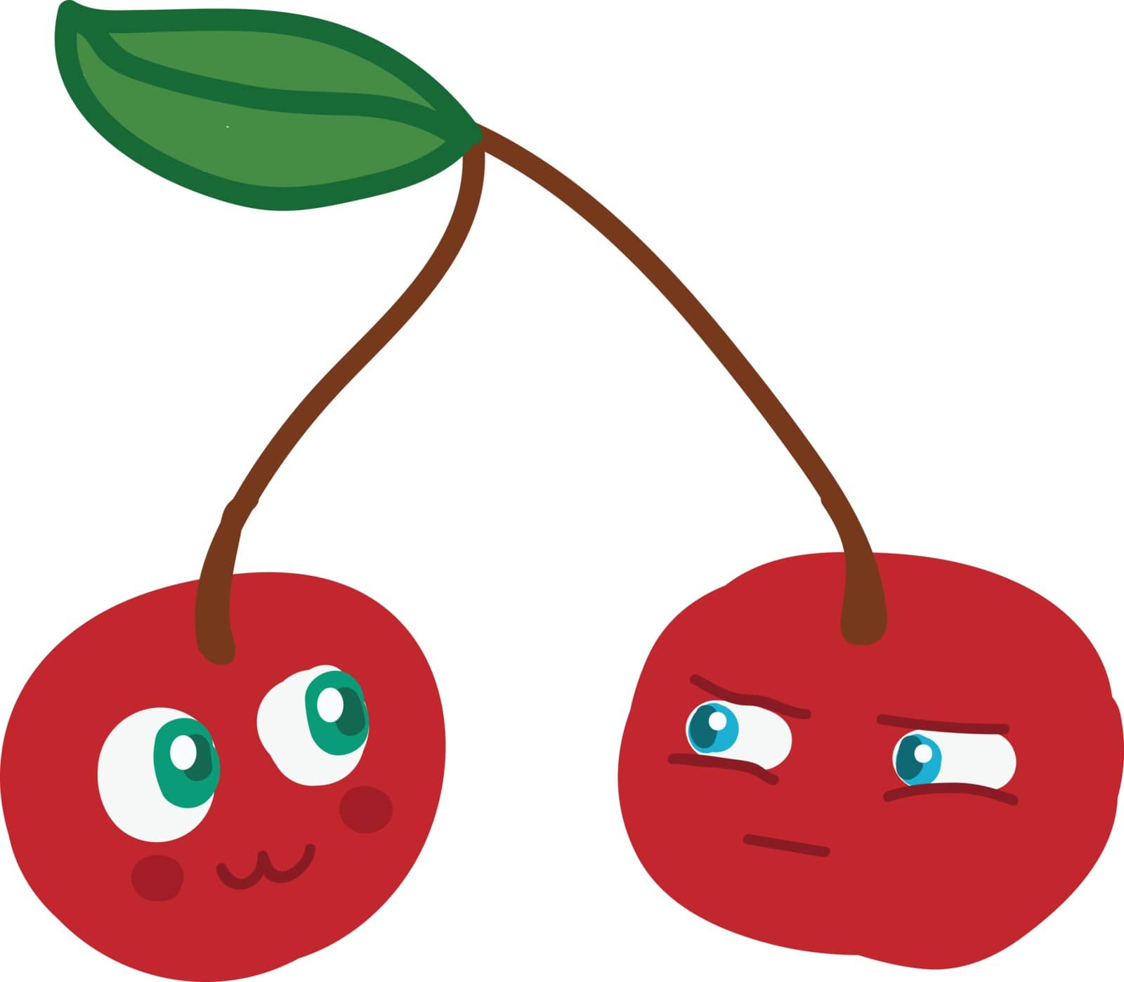 A cartoon of two cherries out of which one looks happy while the other one looks angry vector color drawing or illustration