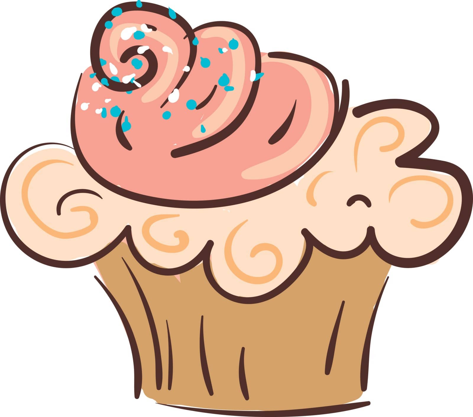 An attractive brown cupcake with pink frosting and blue sprinkles kept on a table vector color drawing or illustration 