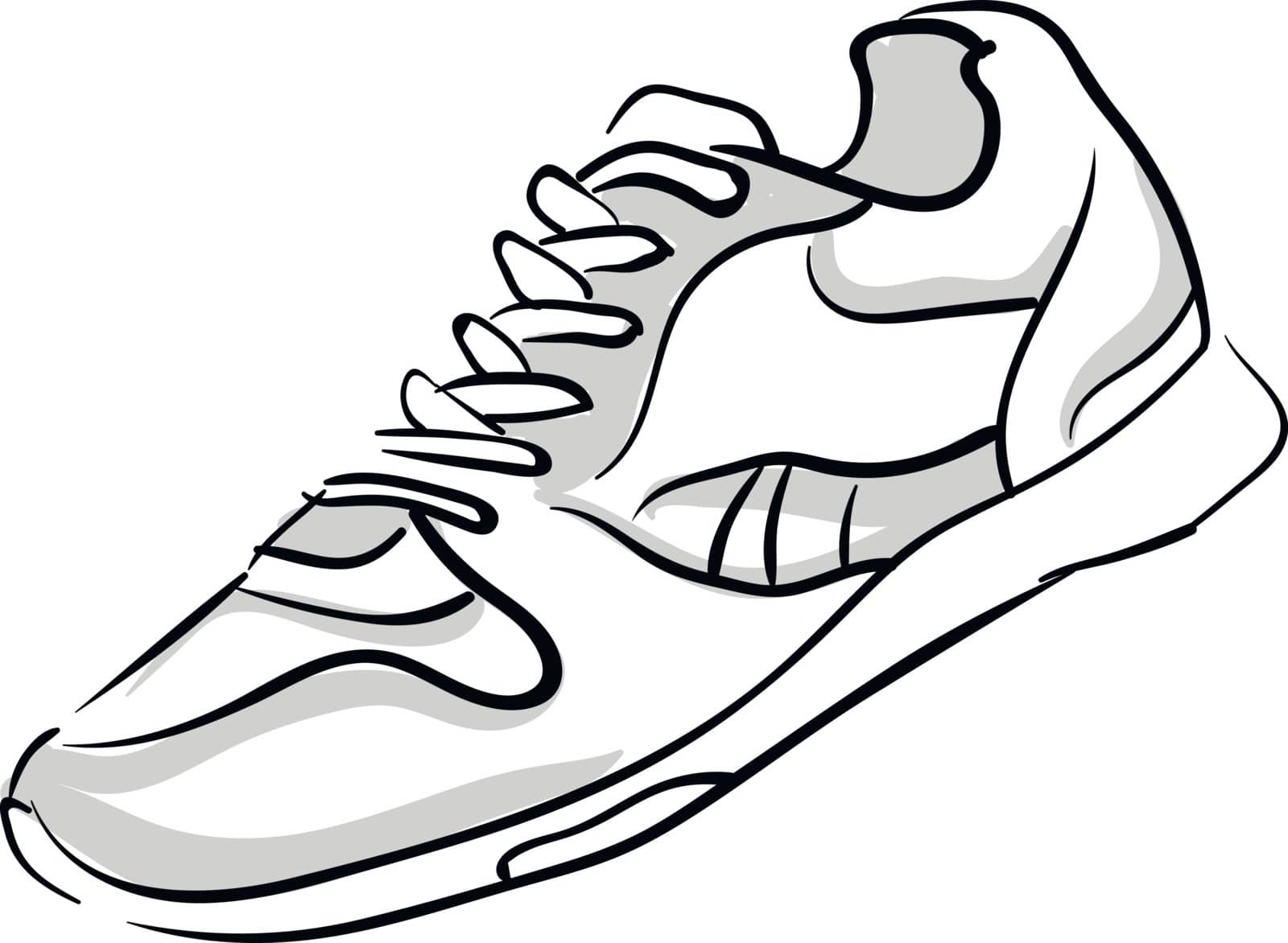 A single shoe in grey and white colors with white laces tied over white background vector color drawing or illustration 