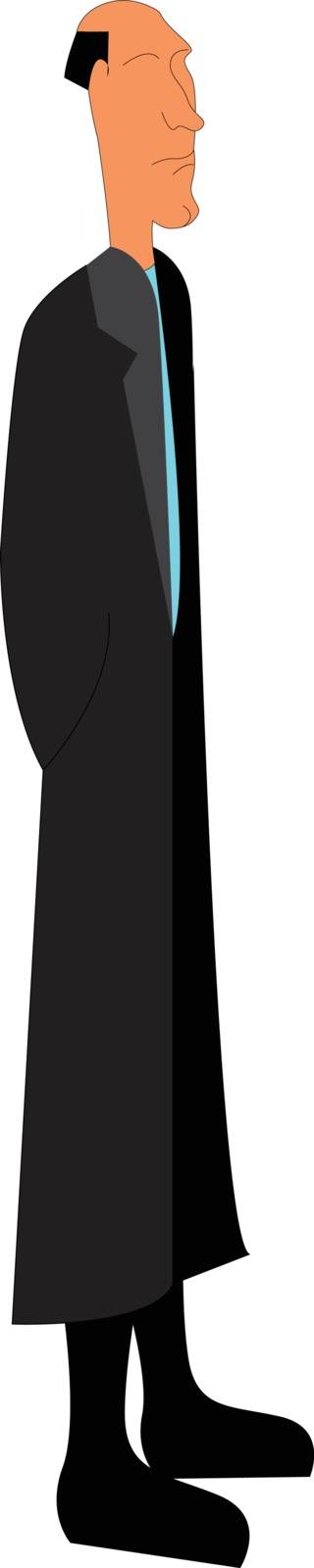 A tall and skinny man in a black colored raincoat with less hair stands while his hands folded at the back vector color drawing or illustration 