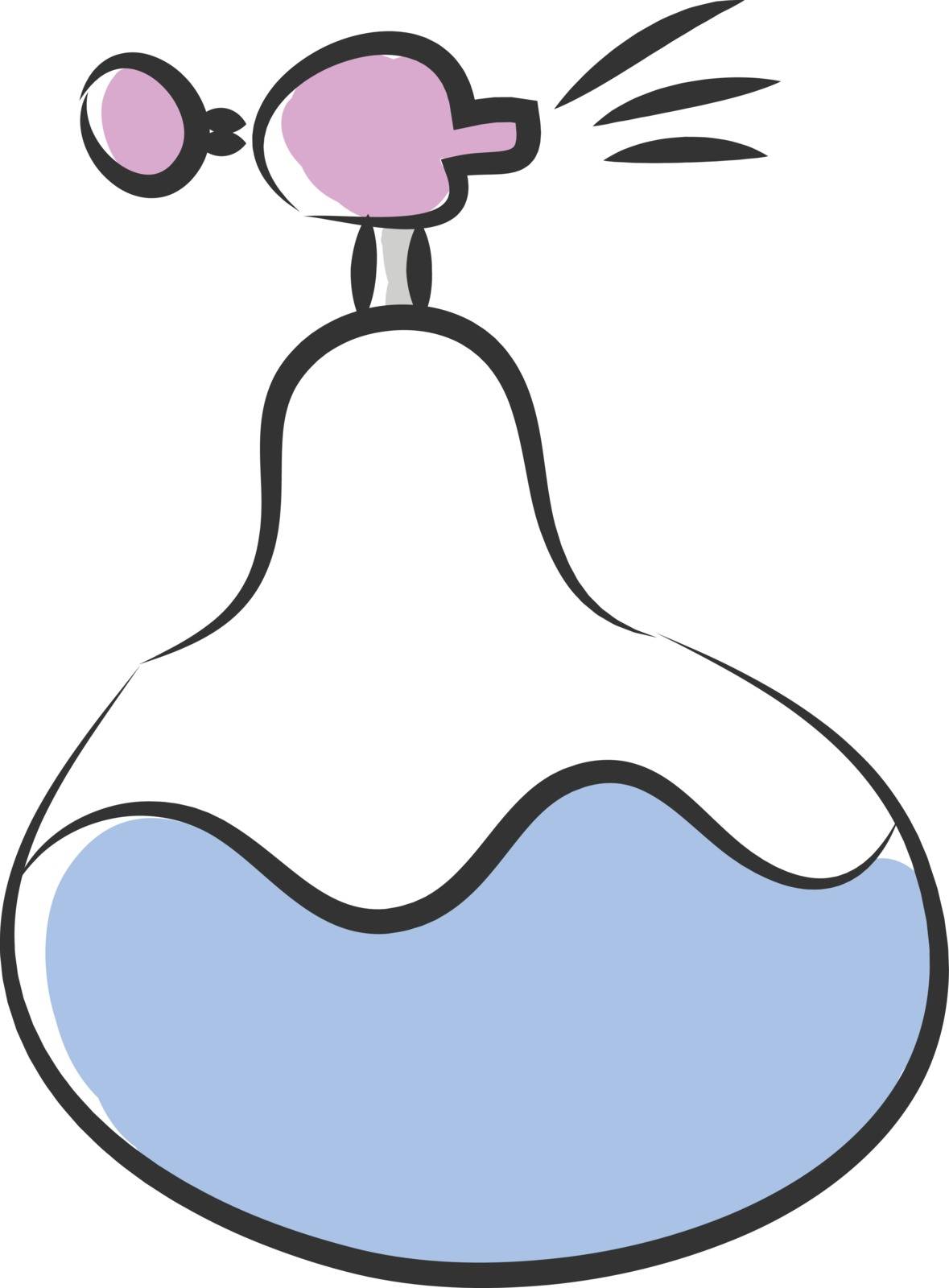 Classic perfume bottle with purple-colored spray atomizer contains blue-colored perfume vector color drawing or illustration 