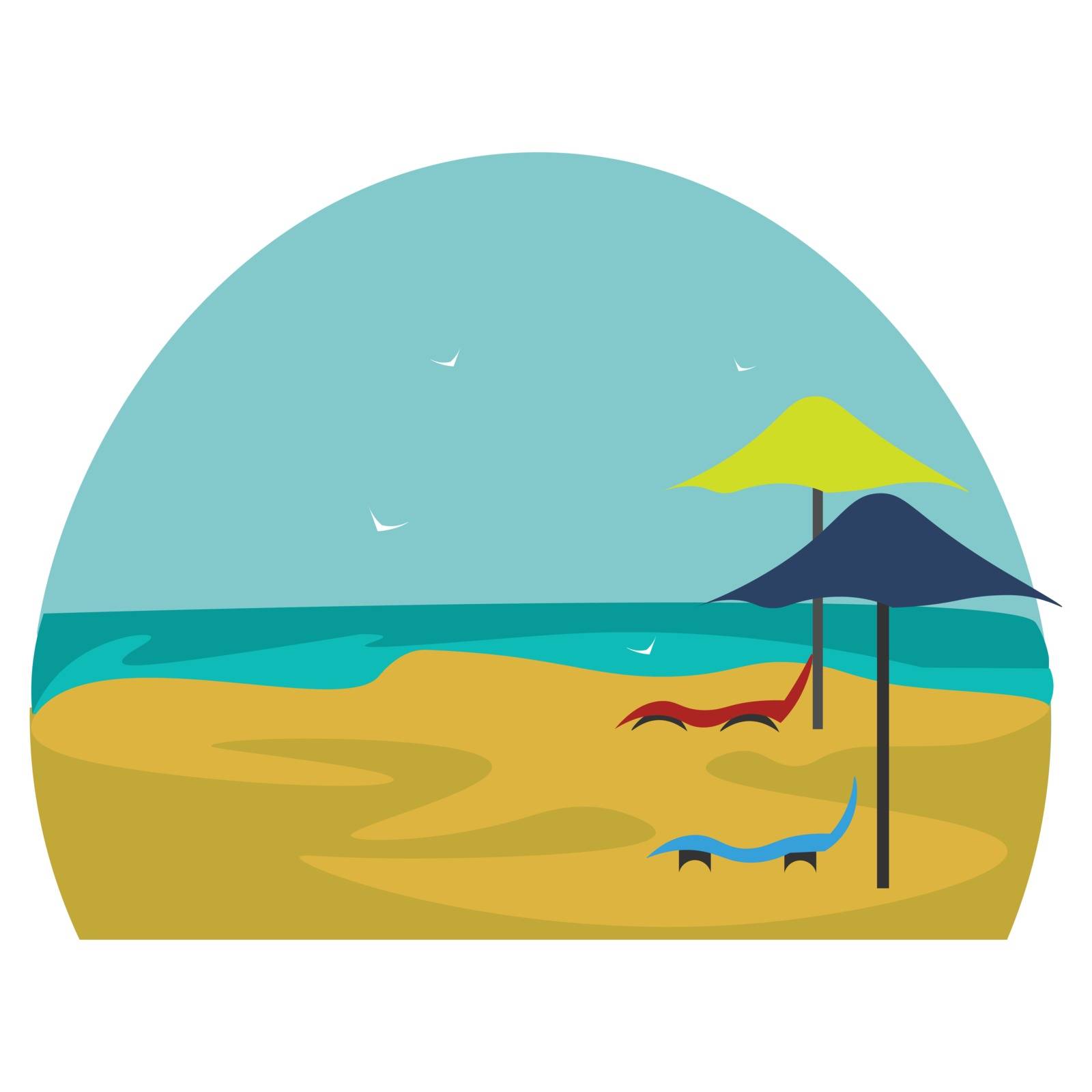 Comfortable deckchairs in red and blue color along the beachside vector color drawing or illustration