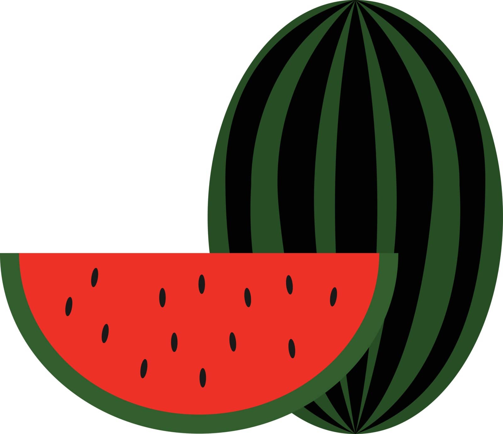 Clipart of a big watermelon and a slice of it with smooth green skin  red pulp  watery juice and black seeds exposed  vector  color drawing or illustration