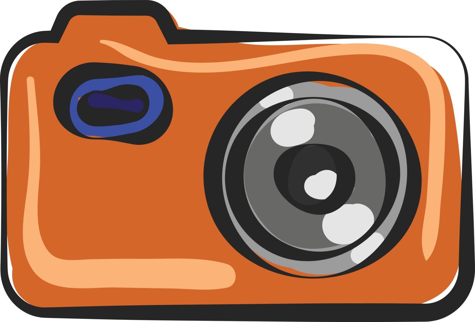 Painting of an orange camera used in olden days furnished with control buttons and the zoom ring in grey color and the focus ring in black color   vector  color drawing or illustration