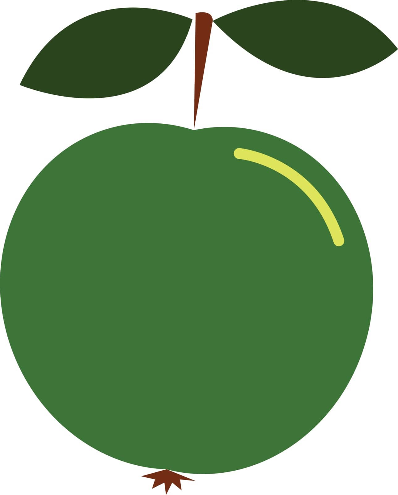 Clipart of a green apple with a short brown stalk and two leaves at the top and brown calyx at the bottom  vector  color drawing or illustration