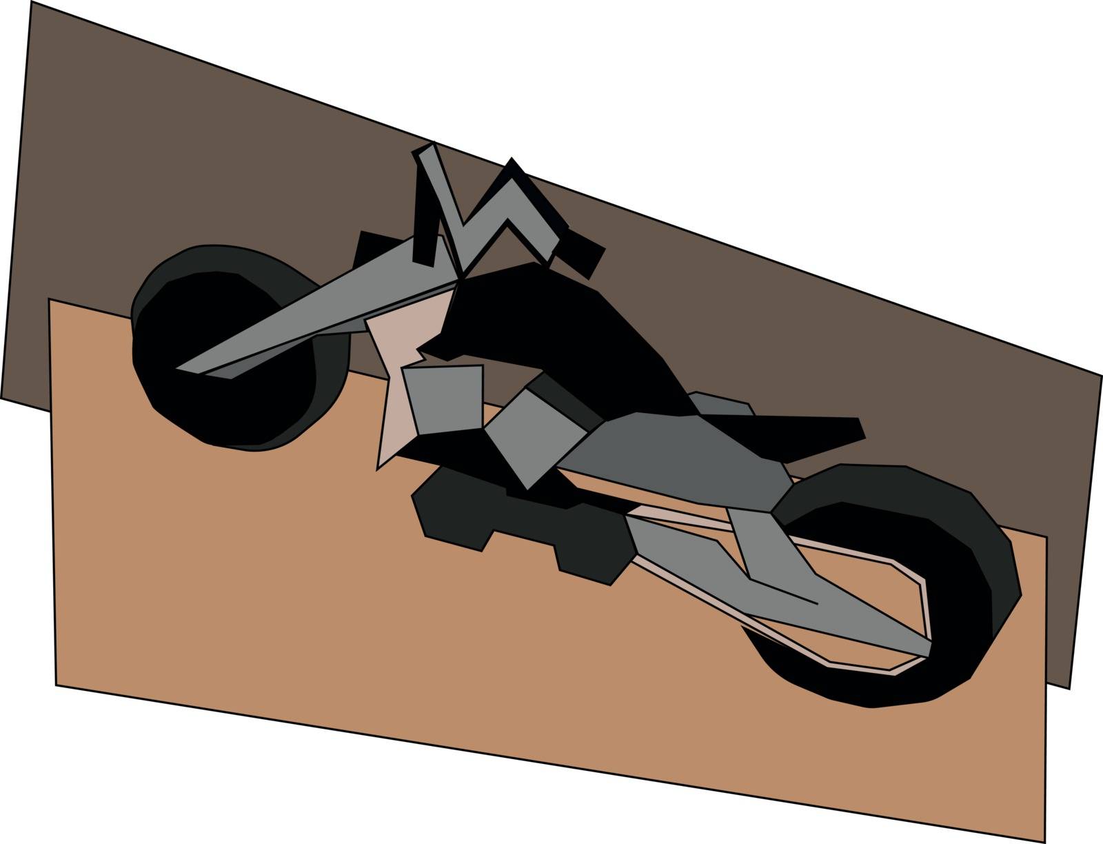 A black-colored two-wheeled motor vehicle  with two wheels  handle  and engine  standing on an inclined brown slope   vector  color drawing or illustration
