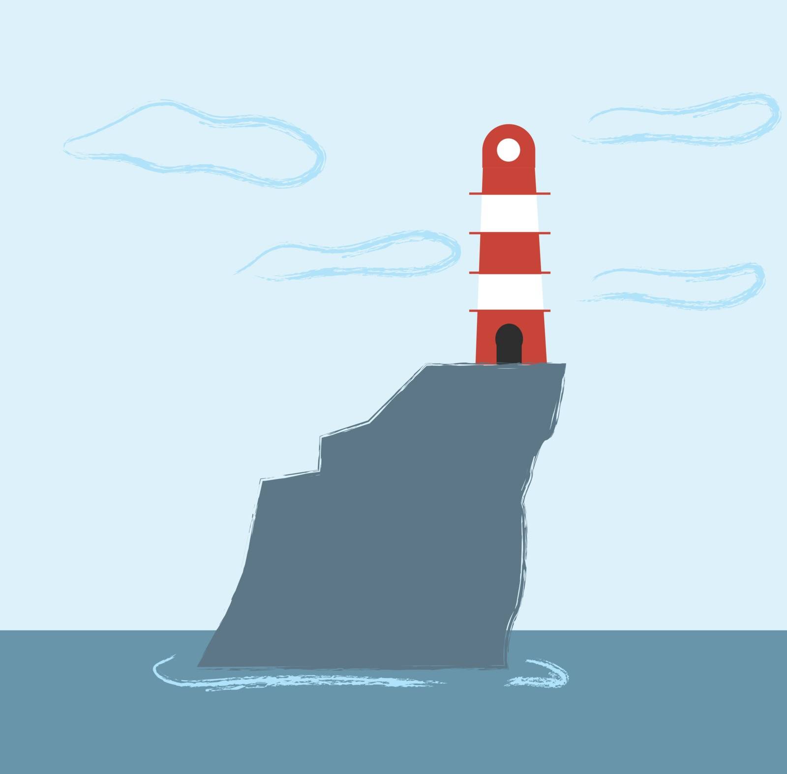 A cartoon lighthouse with alternate red and light bands stands as a tower to warn or guide ships at sea  vector  color drawing or illustration