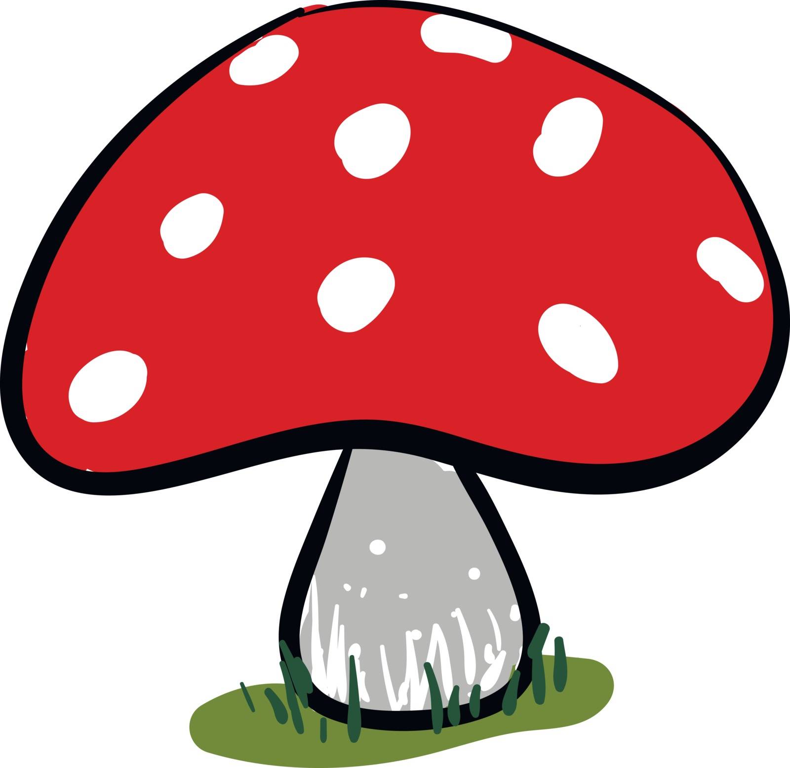 Clipart of a mushroom with white spherical spheres on the red cap and grey stem grown above the green grasslands  vector  color drawing or illustration