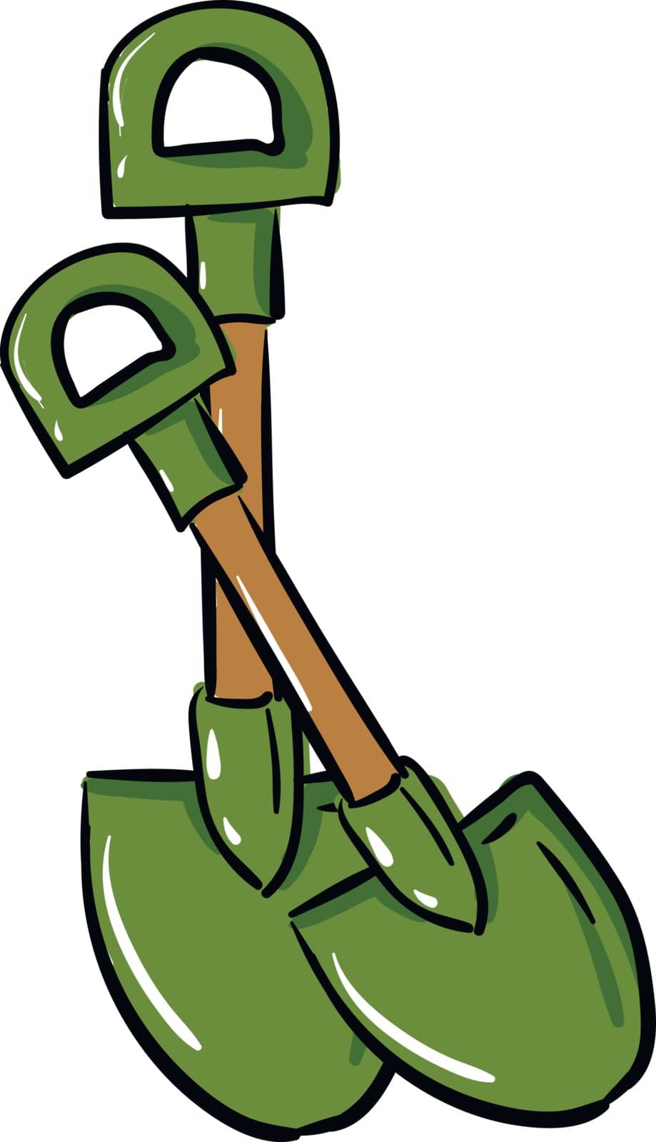 Green crossed shovels with handles illustration vector on white  by Morphart