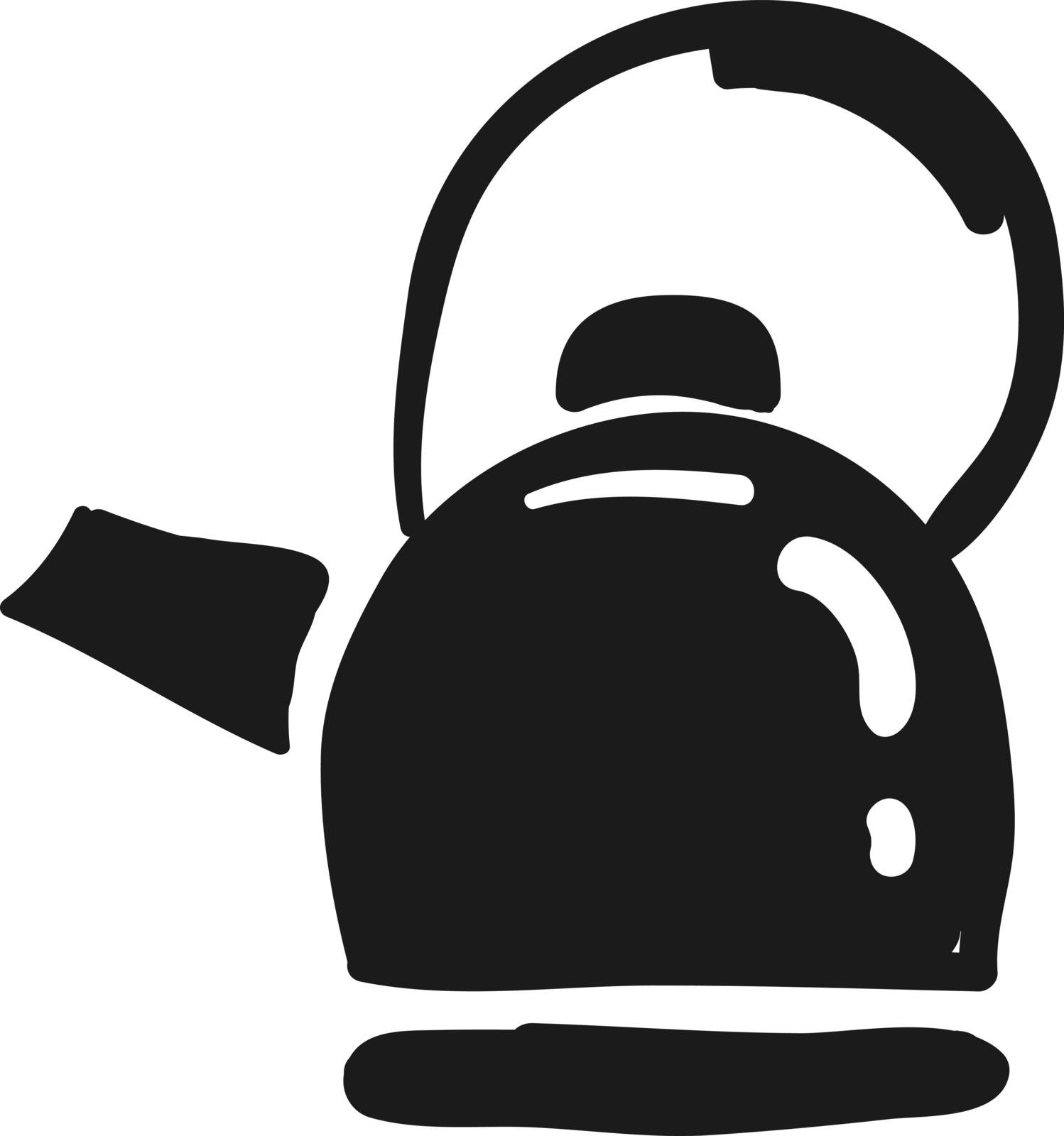 Clipart of a black-colored teapot designed with a white exclamation mark has a small spout  lid  and a handle to make it portable  vector  color drawing or illustration
