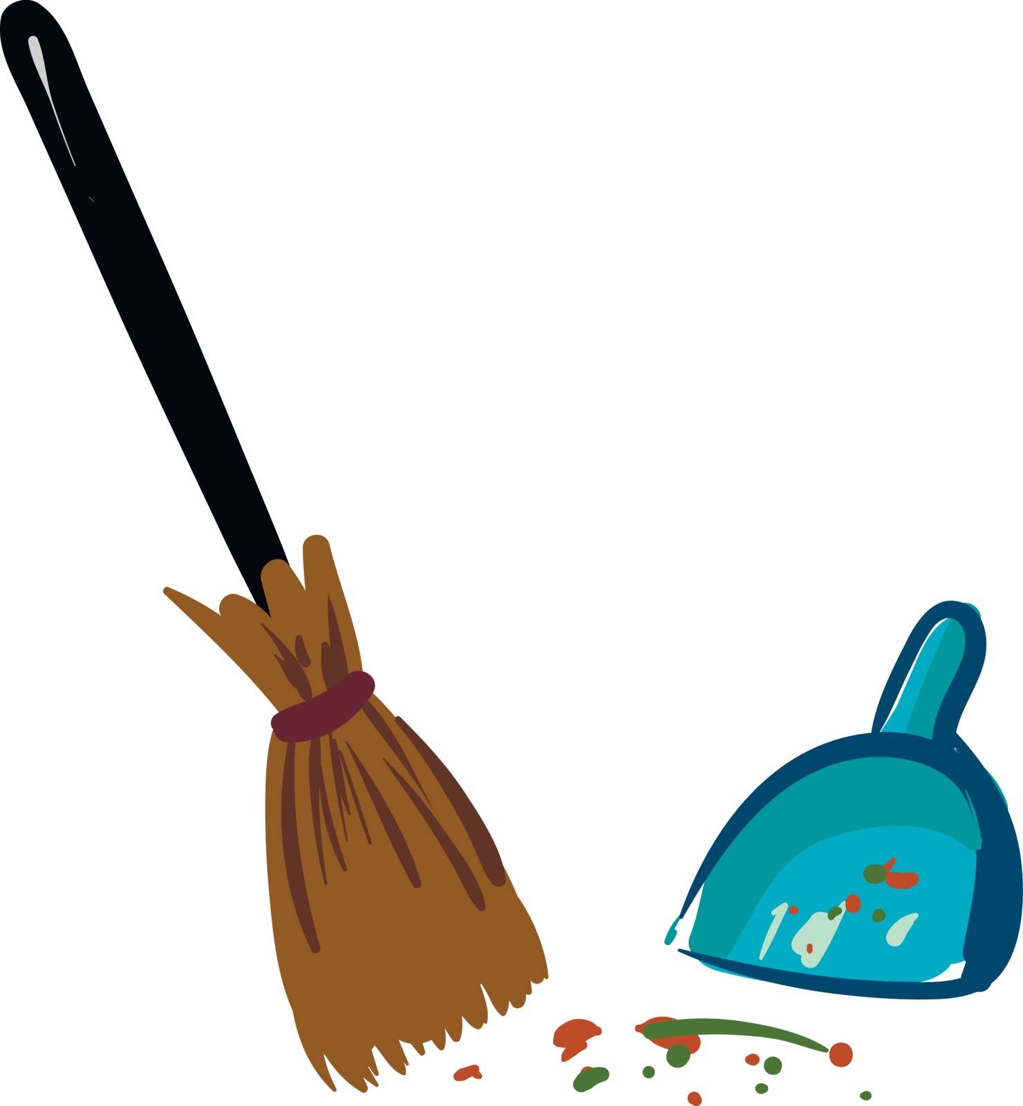 Lot of dust to be cleaned with a long broom and a blue dustpan , vector, color drawing or illustration.