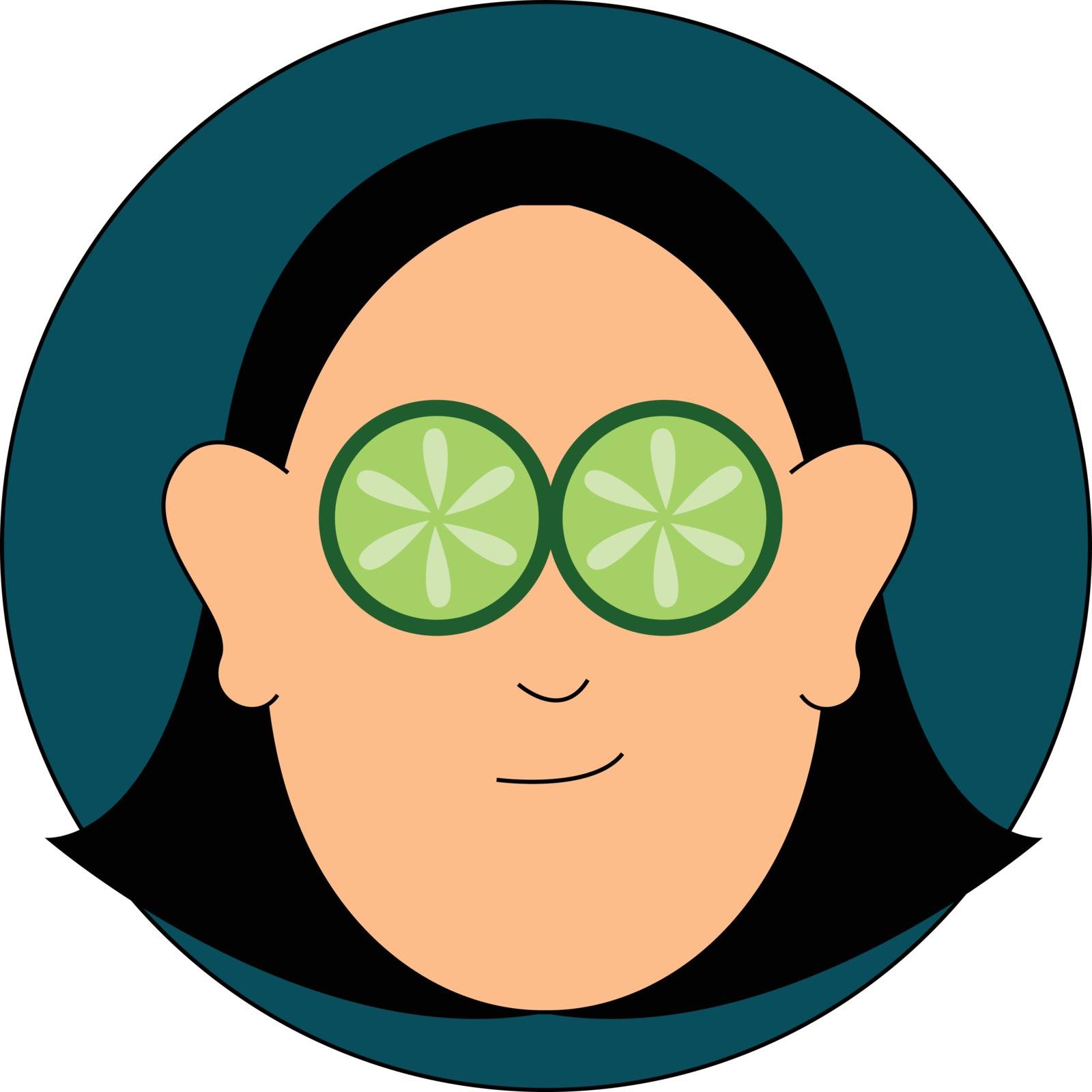 A face of a beautiful woman in nourishing face mask and thin slices of cucumbers covering her eyes over blue background viewed from the front, vector, color drawing or illustration.