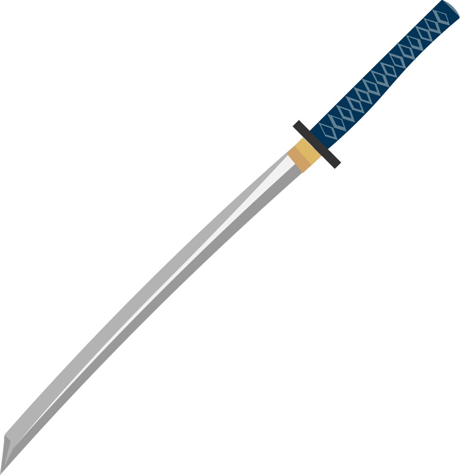 A long gray katana with blue handle, vector, color drawing or illustration. 