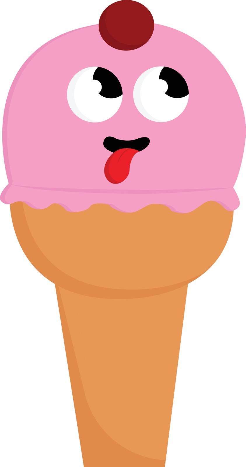 Pink ice cream with face on a cone, cherry on top, two big eyes, red tongue, vector, color drawing or illustration. 