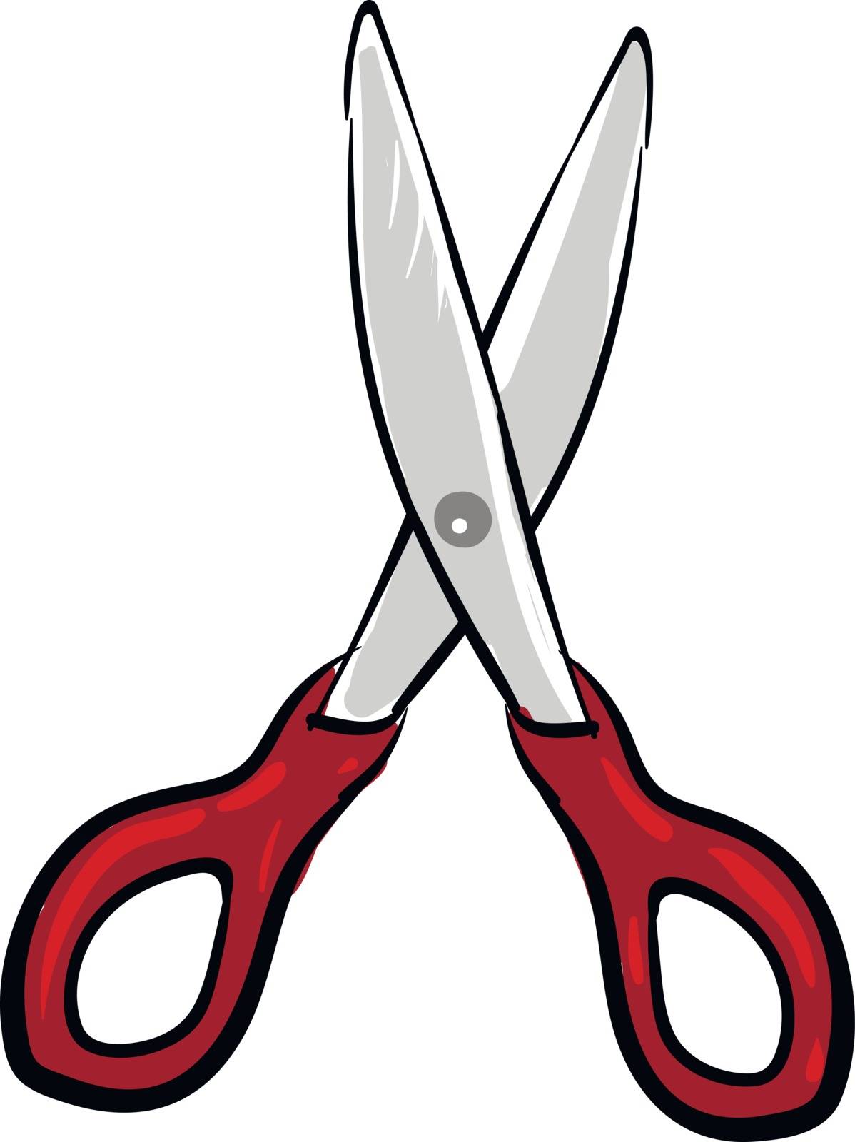 A pair of scissors with red handles and shiny blades, vector, color drawing or illustration. 