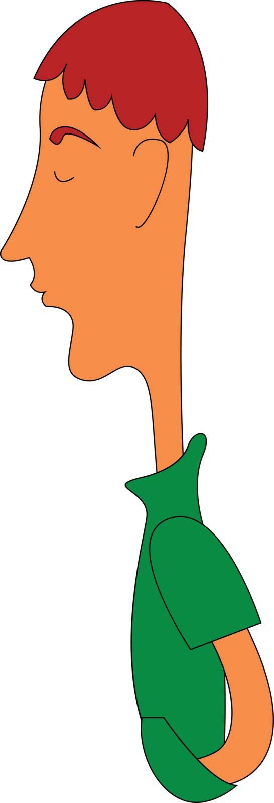 A man with red hair wearing green sweater with long neck, with eye brow, vector, color drawing or illustration. 