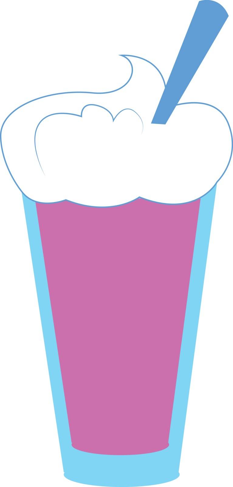 Pink drink in a blue glass with froth on top and a spoon inside the glass, vector, color drawing or illustration. 