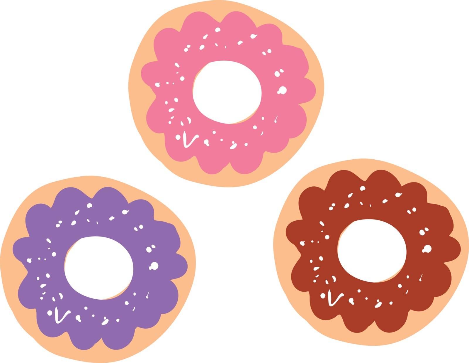 Three doughnuts with different frostings on top, vector, color drawing or illustration. 