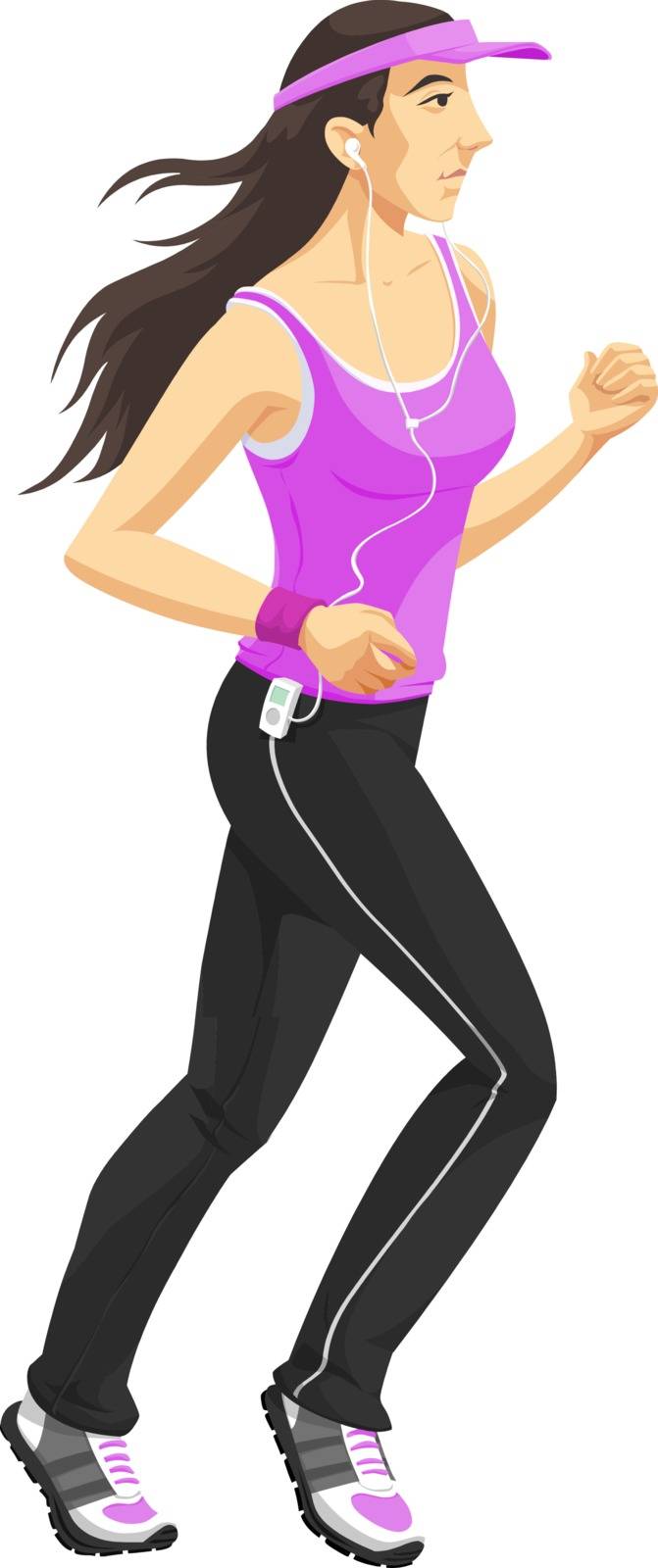 Woman doing exercise or joggin in a purple shirt while listening to music, vector illustration
