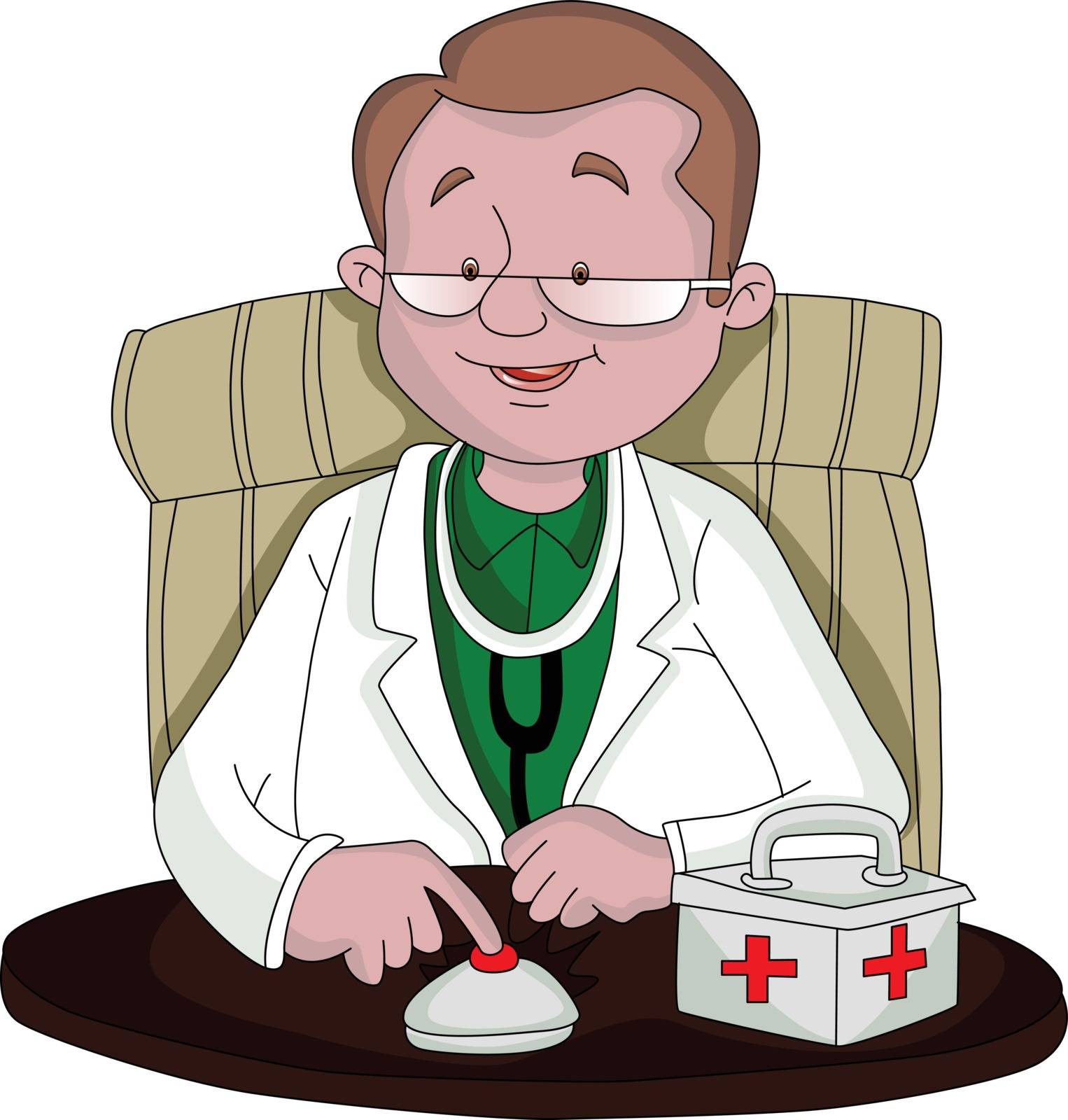 Vector illustration of doctor ringing table bell next to first-aid box