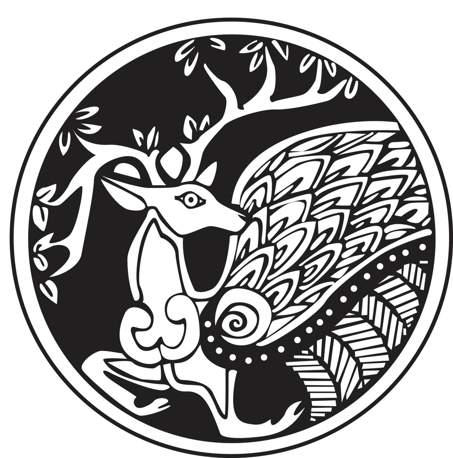 A druidic astronomical symbol of a deer, in a circle pattern artwork, isolated against a whit background
