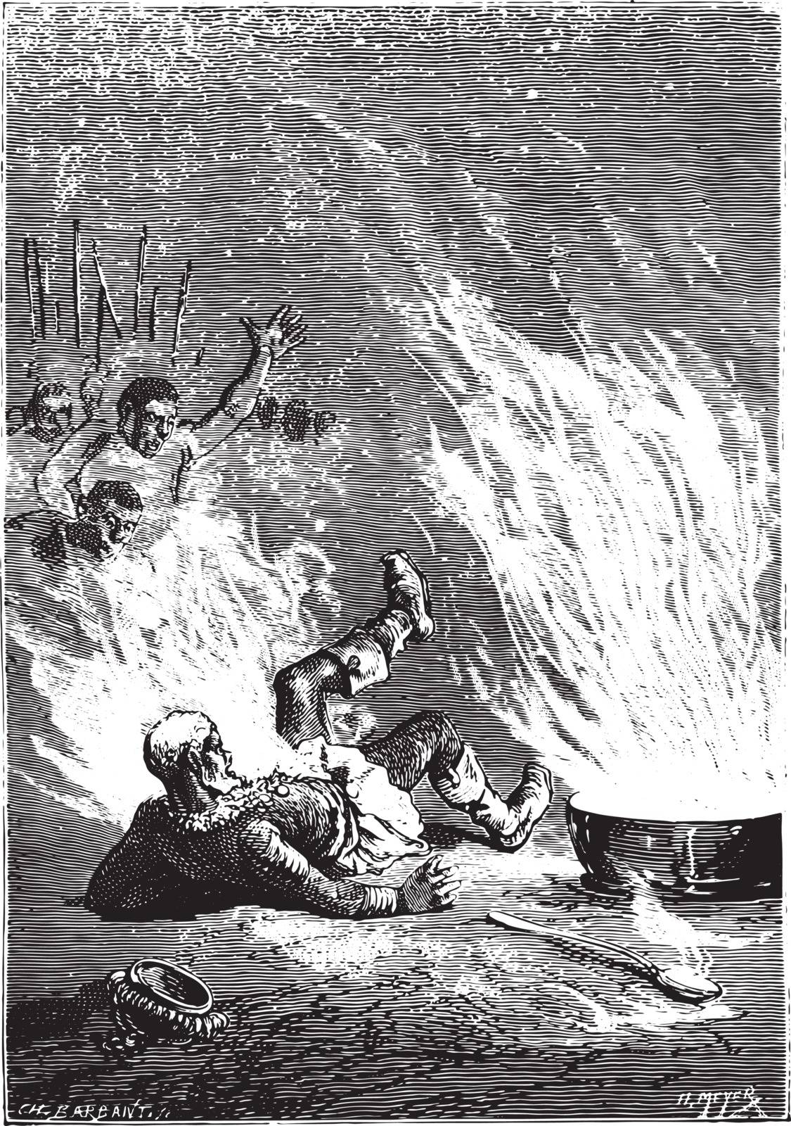 The king had caught fire like an oil tank, vintage engraved illustration.
