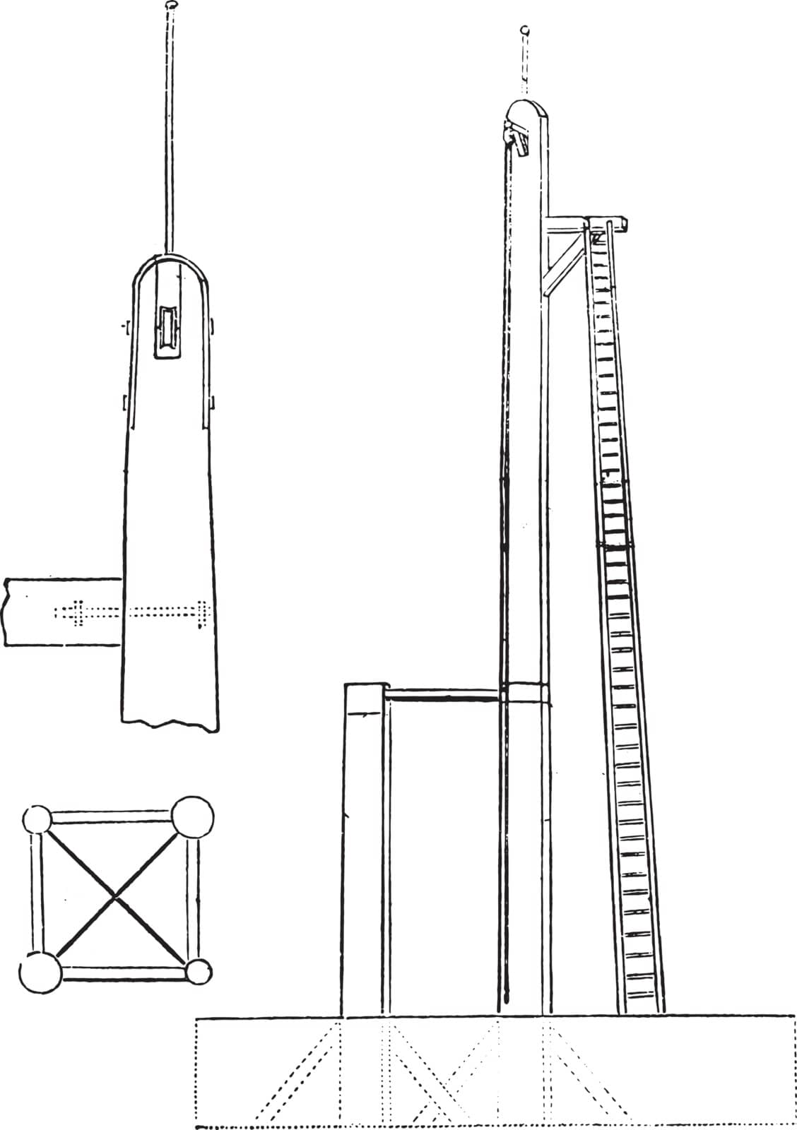 11. Mat connects vertical gantry, 12. Head of the vertical mast, 13. Plan of four vertical masts, vintage engraved illustration. Magasin Pittoresque 1845.
