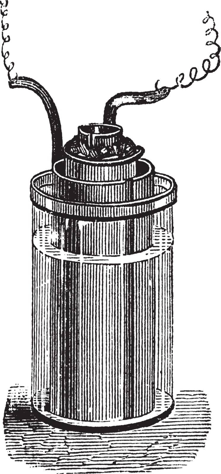 Daniell cell or gravity cell or crowfoot cell, vintage engraving. Old engraved illustration of Daniell cell, isolated on a white background.