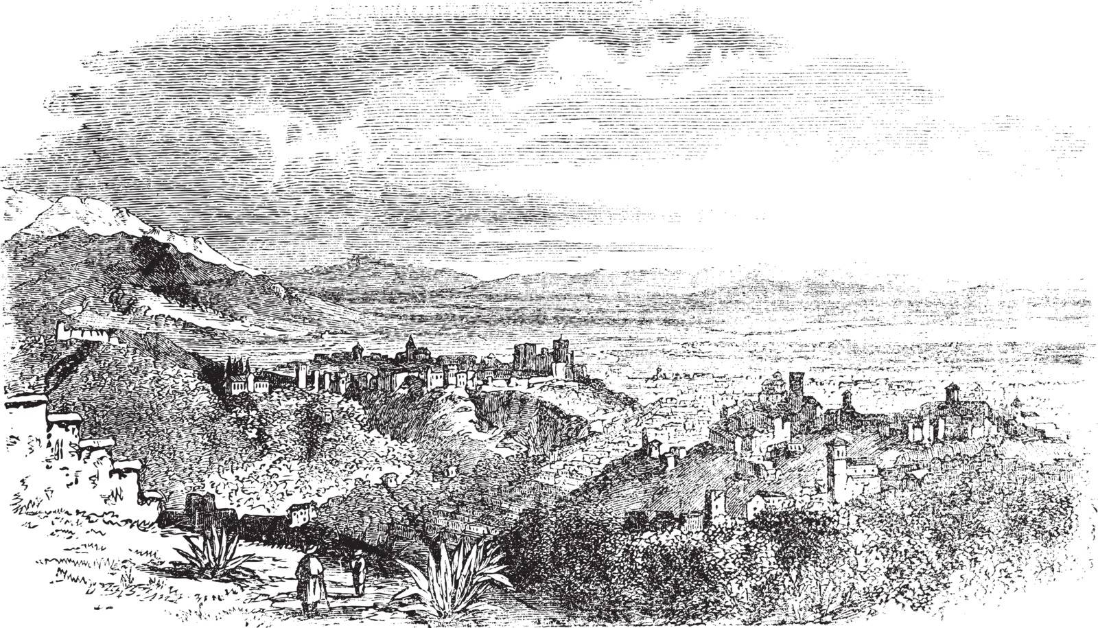 View of village at Granada, Andalusia, Spain vintage engraving. Old engraved illustration of countryside view of Granada,1890s.