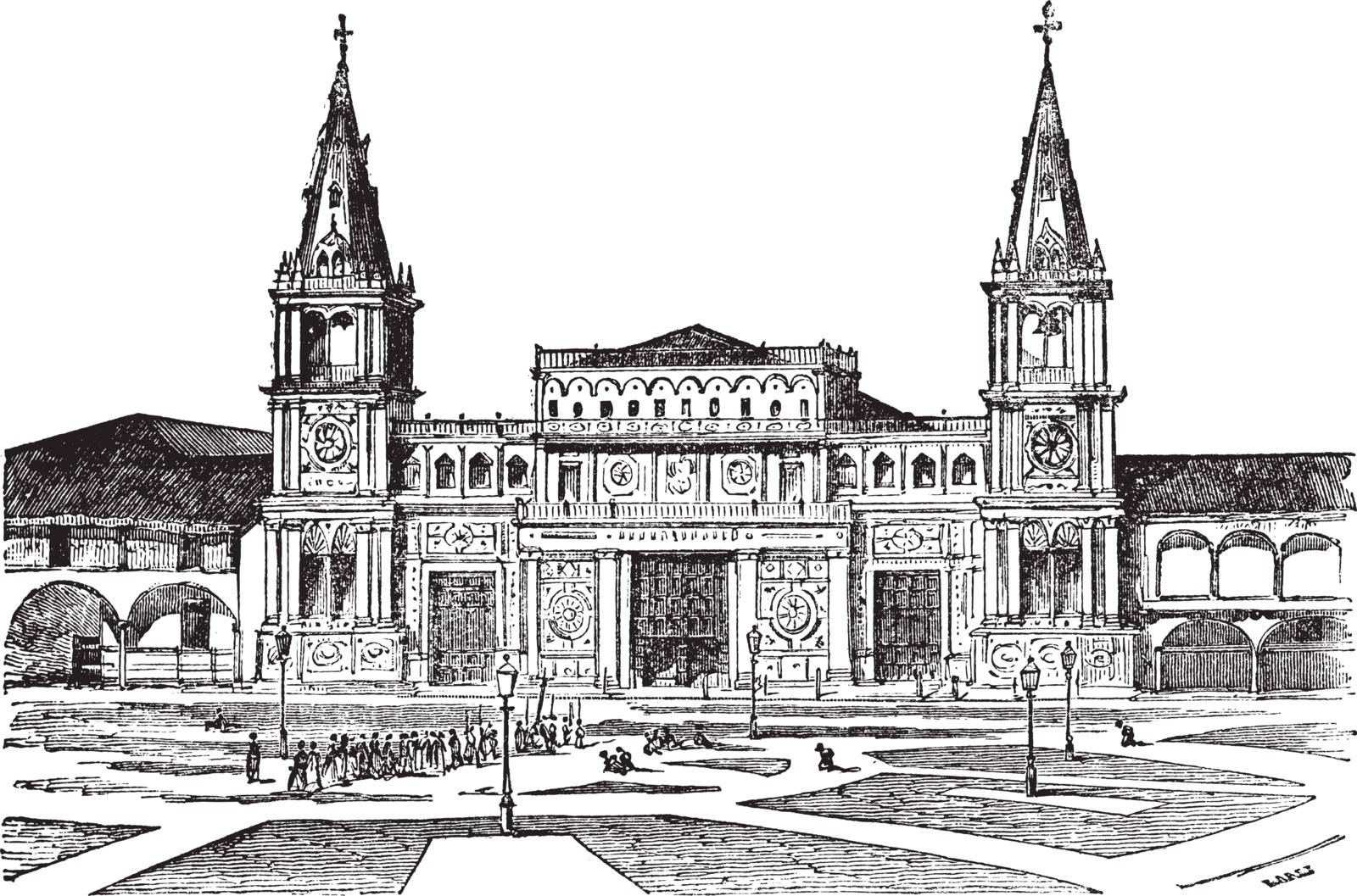 Cathedral of Guayaquil or Cathedral of Saint Peter[, Ecuador. Old engraved illustration of Cathedral of Guayaquil,1800s.