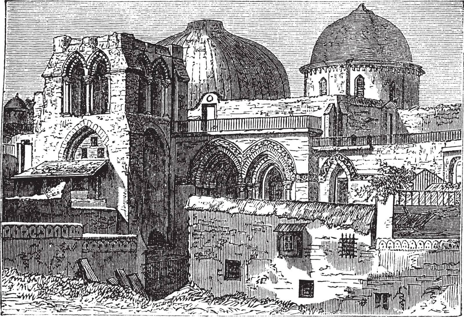 Church of the Holy Sepulchre or Church of the Resurrection in Jerusalem, Israel, during the 1890s, vintage engraving. Old engraved illustration of Church of the Holy Sepulchre.