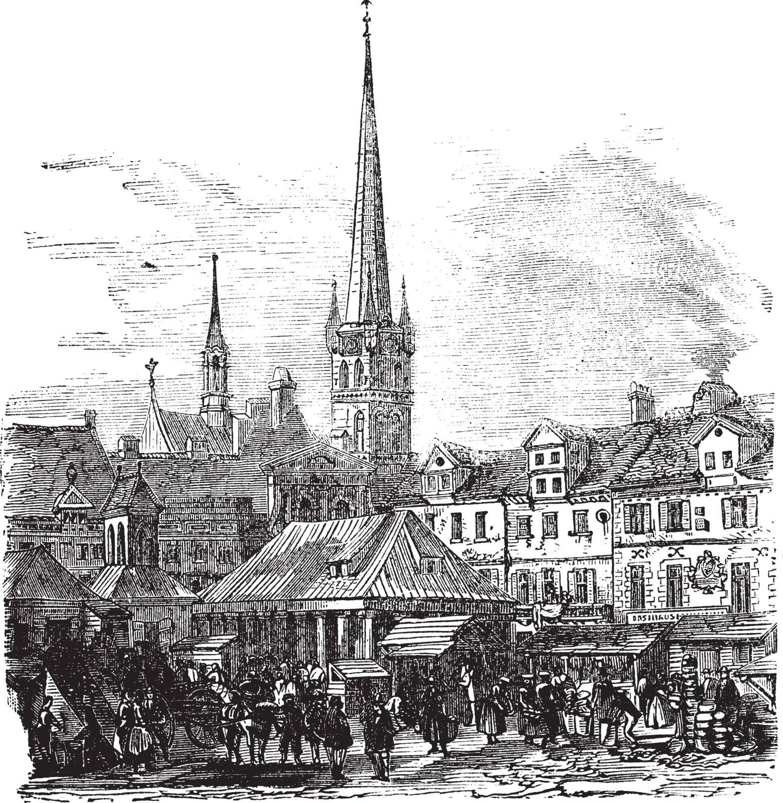 Market Place of Lubeck, Germany, during the 1890s, vintage engraving. Old engraved illustration of Market Place of Lubeck with people and shops.
