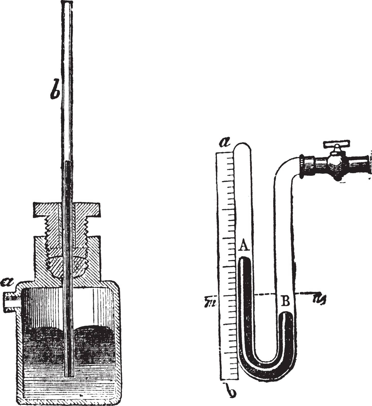 Manometer, vintage engraving. Old engraved illustration of Manometer isolated on a white background.  