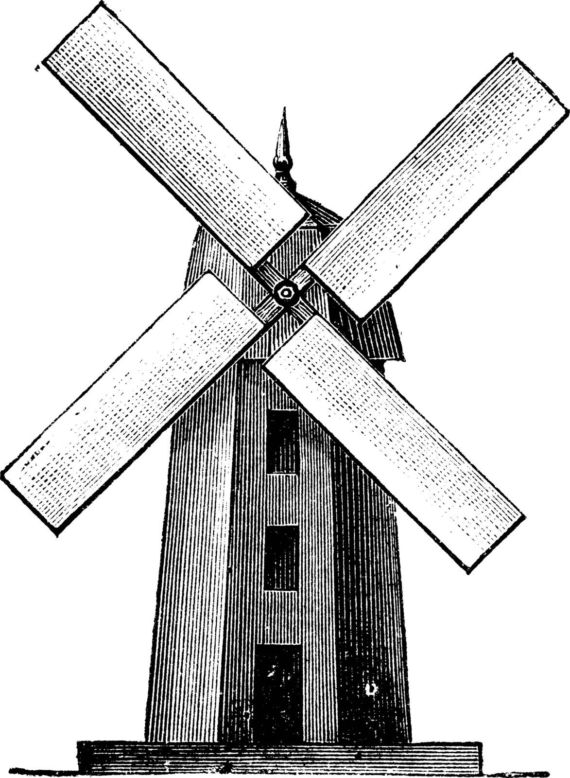 Windmill, vintage engraved illustration. Trousset encyclopedia (1886 - 1891).