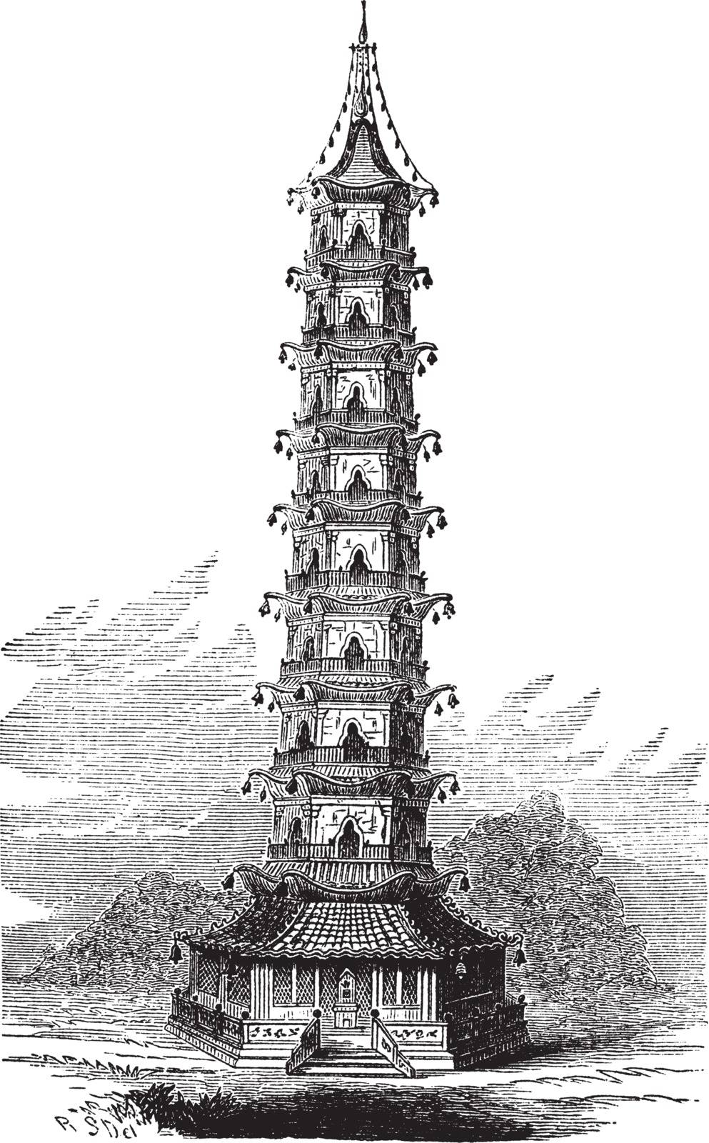 Porcelain Tower of Nanjing, in China, vintage engraved illustrat by Morphart