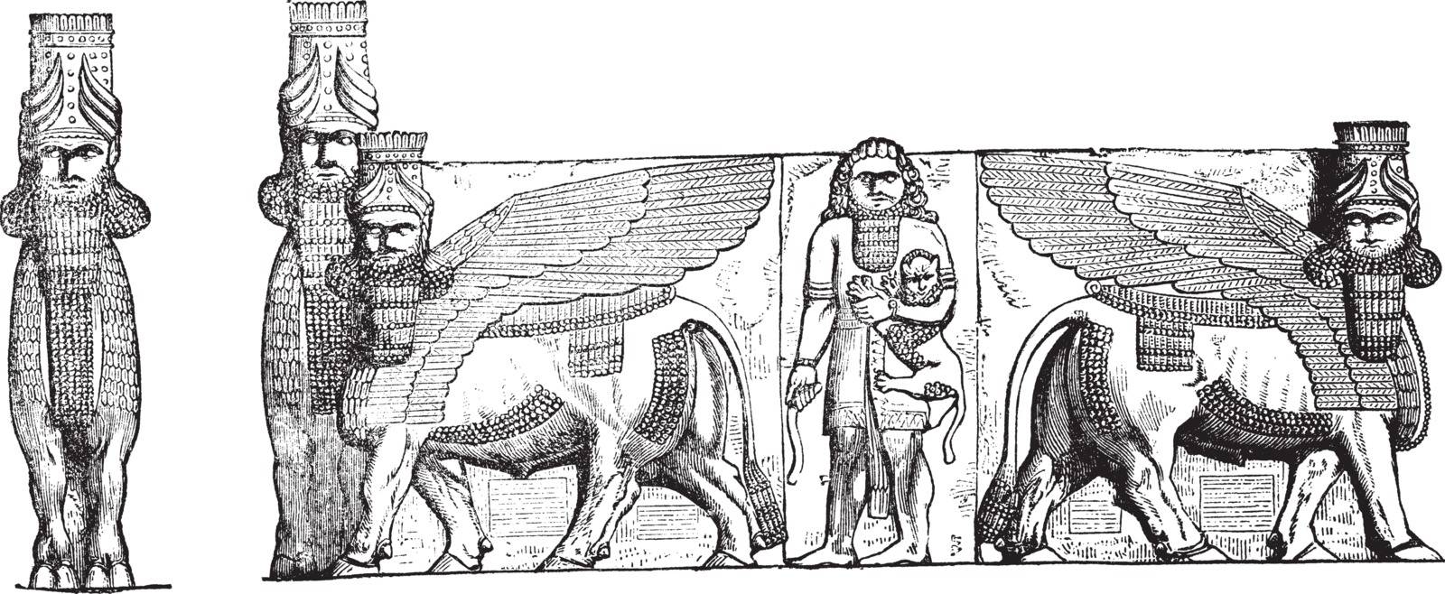 Relief Sculptures at the Entrance of Kuyunjik Palace Ruins, in Mosul, Iraq, vintage engraved illustration. Trousset encyclopedia (1886 - 1891).