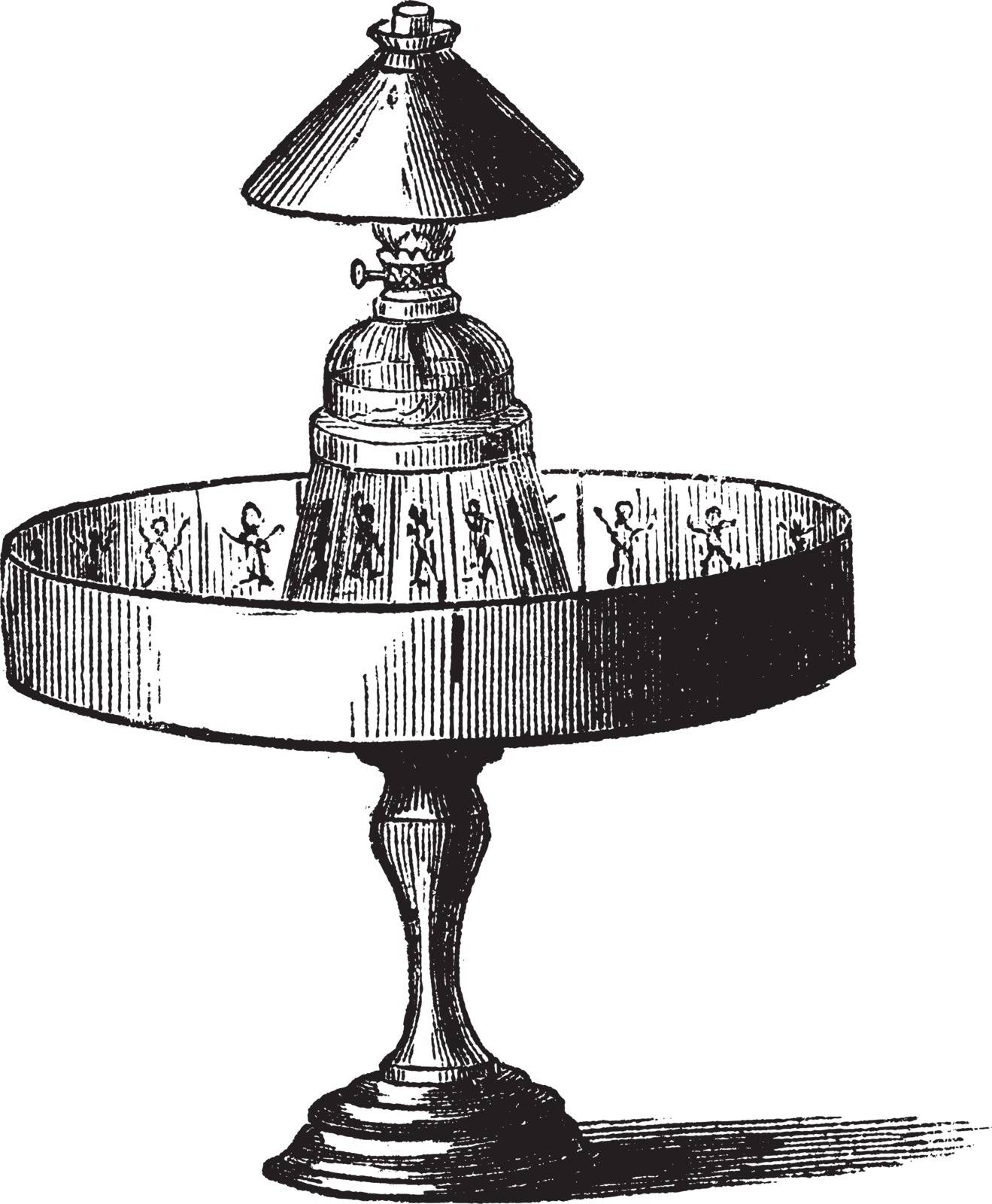 Praxinoscope, vintage engraving. Old engraved illustration of Praxinoscope isolated on a white background. 