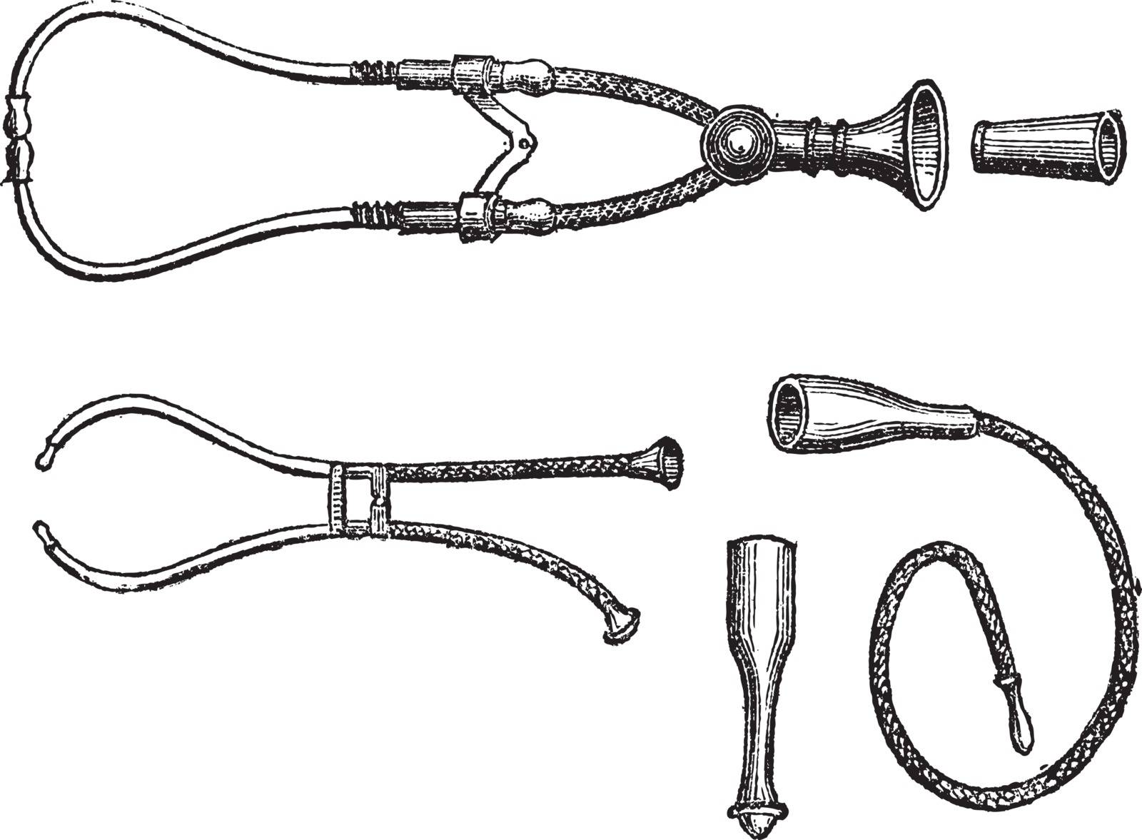 Stethoscopes, vintage engraving. Old engraved illustration of three types of Stethoscopes isolated on a white background.  